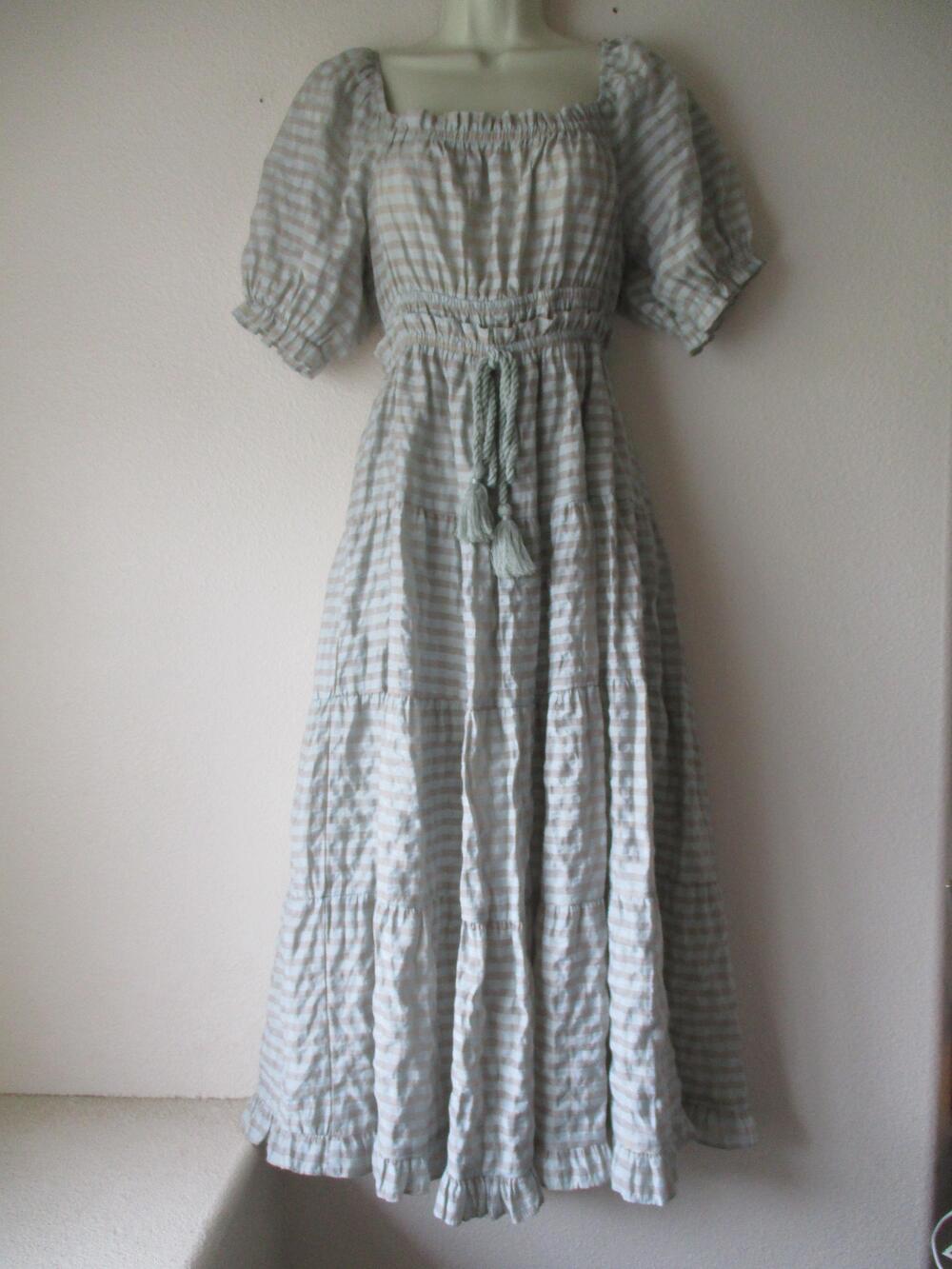Böhme Dress Womens XS Blue Striped Puff Sleeve Tassel Rope Milk Maid Square Neck